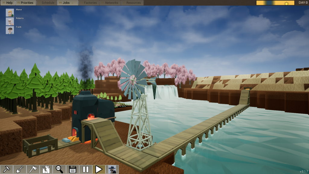 Voxel world showing a Furnace producing iron, connected with conveyor belts and powerlined by windmill. There is a wooden bridge over the rives with belts on top of it.