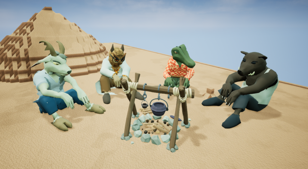 Goat, Owl, Crocodile and Boar in clothes are sitting around a fire place in voxel desertland.