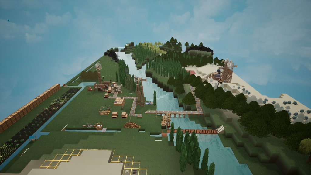 Voxel worls with trees, river, factories, belts, water wheels, watermills, vegetables, fireplace, water pumps, iron ingots