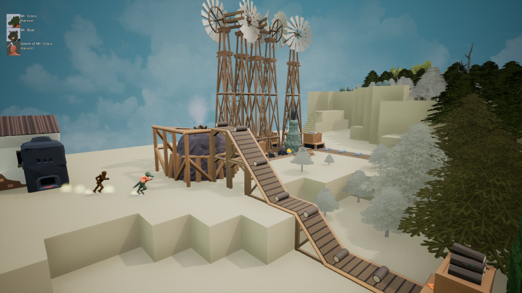 Croco and their golem in-game characters in voxel world surrounded by factories and windmills