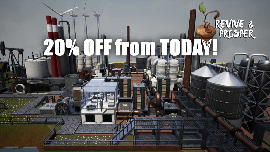 Detail of chemical production line with the "20 % off from Today!" caption.