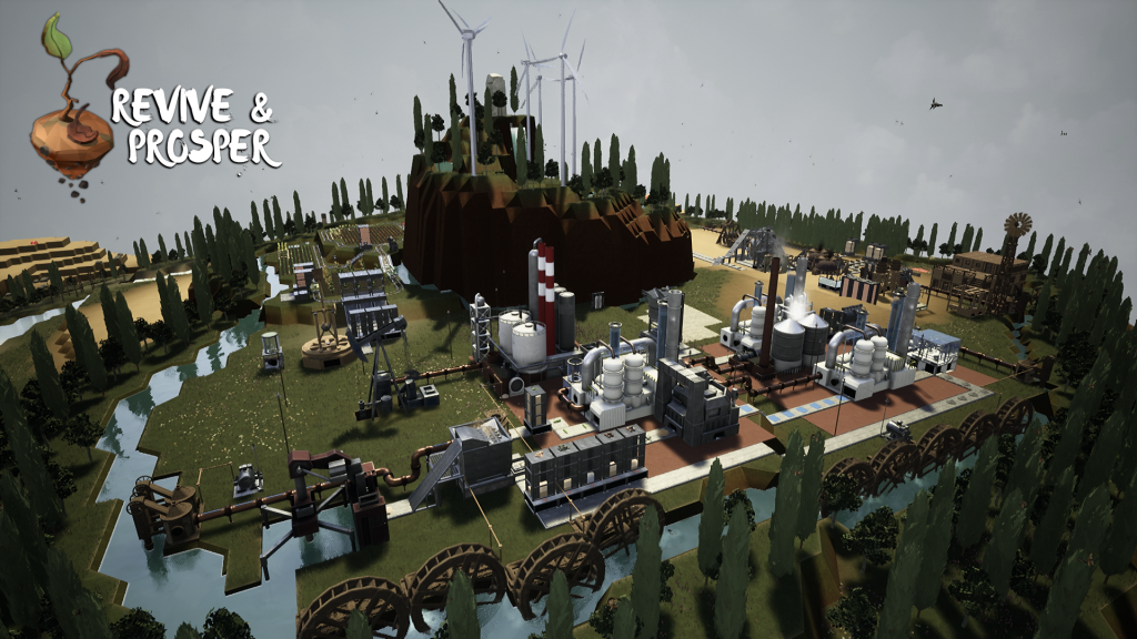 Picture of voxel base surrounded by trees and rivers. The base is full of factories, water wheels, digging wheels and belts, creating a huge production line.